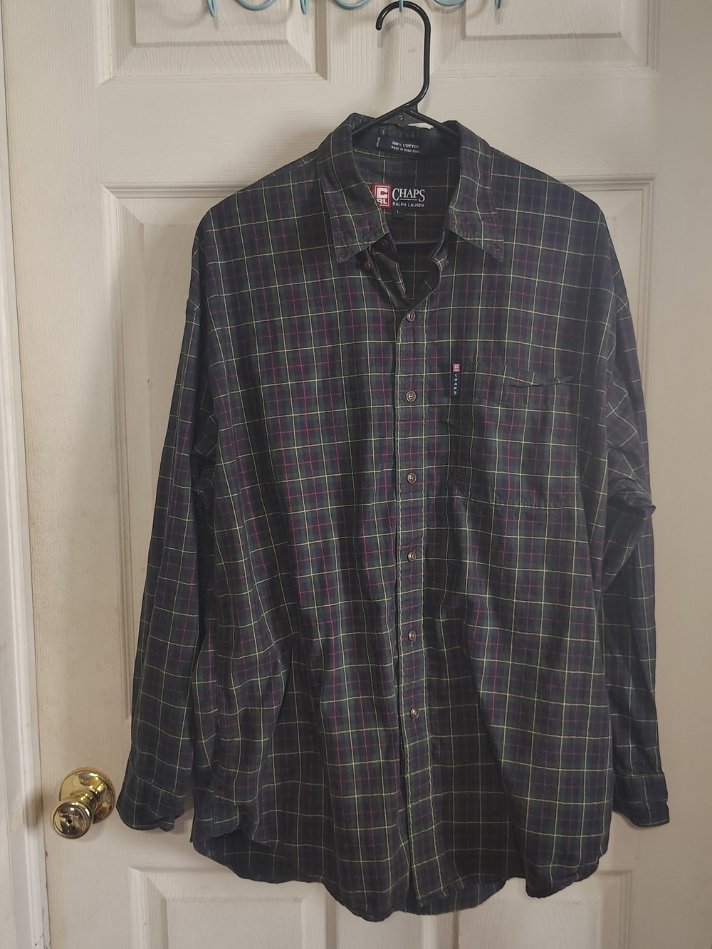 Chaps Ralph Lauren Button Up Green Plaid Mens Shirt Size L